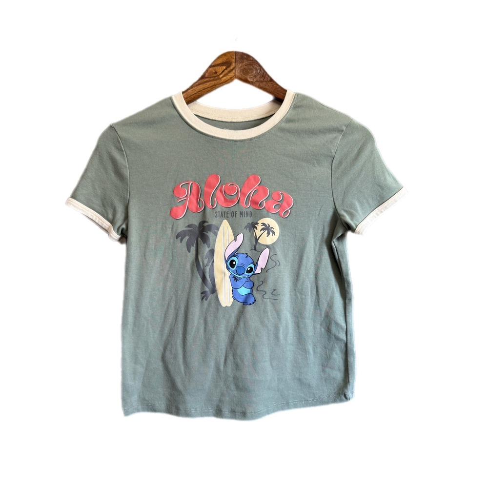 Disney Stitch Ringer Tee Women S Sage Green Excellent Aloha State of Mind